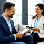 Home 10 A professional Italian couple, both in their late 30s to early 40s, dressed in modest, elegant business casual attire. They are sitting comfortably on a modern sofa in a bright, contemporary living room, looking at a tablet displaying a positive financial graph. Both have serene, optimistic expressions, gazing towards a large window that lets in soft, diffused natural light. The tidy, well-lit room conveys a sense of calm and financial stability. Fully clothed, appropriate attire, modest clothing, safe for work, appropriate content, professional, family-friendly, perfect anatomy, correct proportions, natural pose, well-formed hands, proper finger count, natural body proportions, high-quality, professional photography.