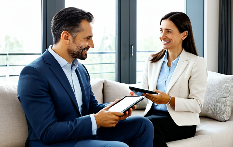 A professional Italian couple, both in their late 30s to early 40s, dressed in modest, elegant business casual attire. They are sitting comfortably on a modern sofa in a bright, contemporary living room, looking at a tablet displaying a positive financial graph. Both have serene, optimistic expressions, gazing towards a large window that lets in soft, diffused natural light. The tidy, well-lit room conveys a sense of calm and financial stability. Fully clothed, appropriate attire, modest clothing, safe for work, appropriate content, professional, family-friendly, perfect anatomy, correct proportions, natural pose, well-formed hands, proper finger count, natural body proportions, high-quality, professional photography.